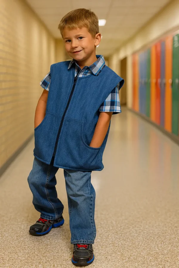 Child wearing blue weighted vest in school hallway
