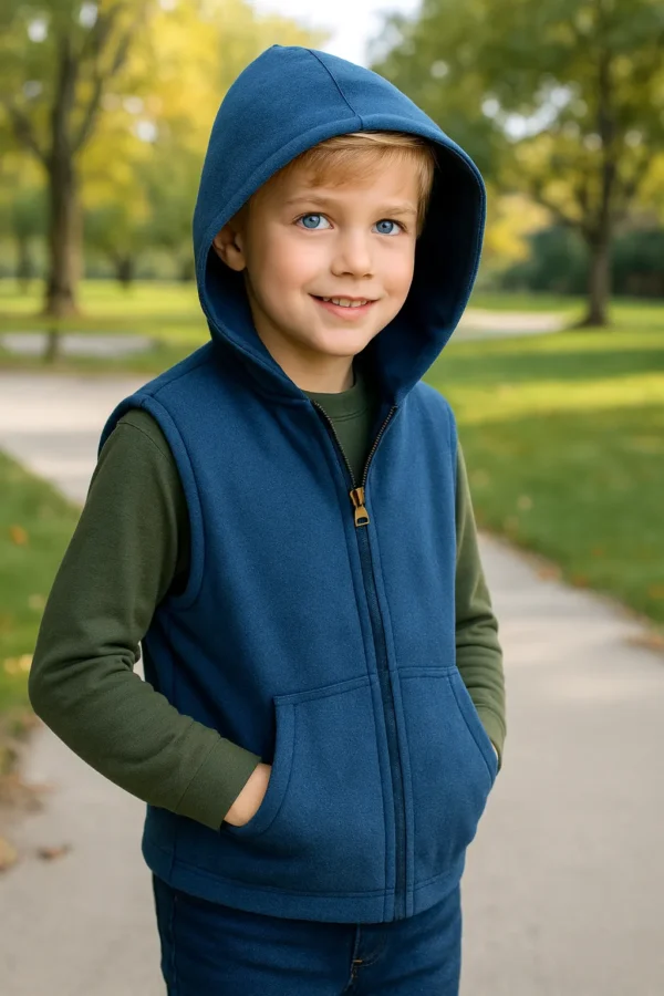 Child wearing blue weighted hoodie in park