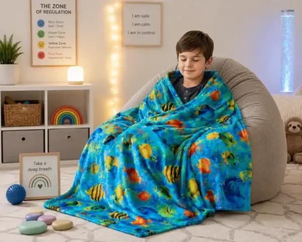 Ocean Fish Weighted Blanket in Sensory Room Child wrapped in an ocean fish weighted blanket in a calm sensory room.