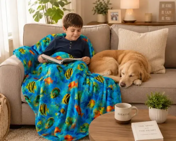 Ocean Fish Weighted Blanket for Reading Time Child reading on a couch under an ocean fish weighted blanket.