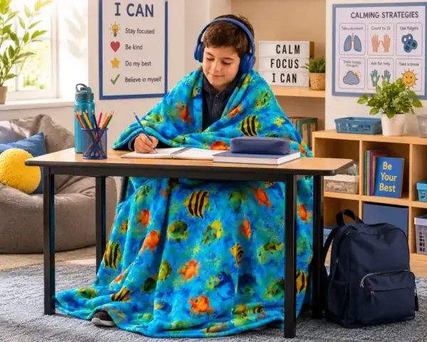 Ocean Fish Weighted Blanket for Classroom Focus Child using an ocean fish weighted blanket while writing at a classroom desk.