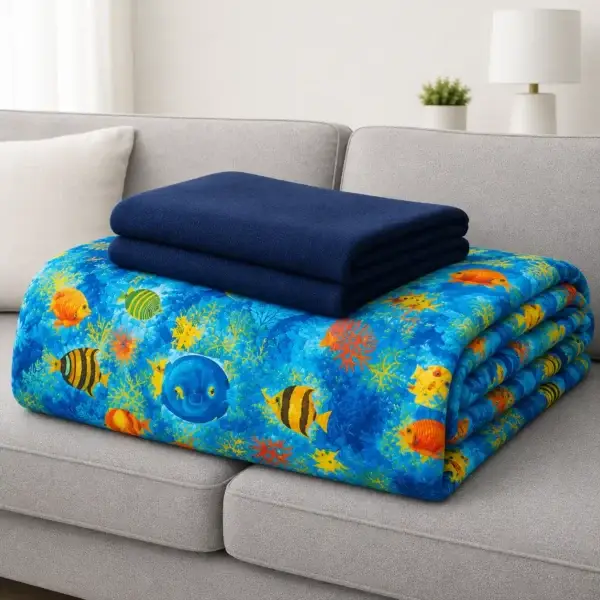 Folded Ocean Fish Weighted Blanket Folded ocean fish weighted blanket with navy blanket on a gray sofa.