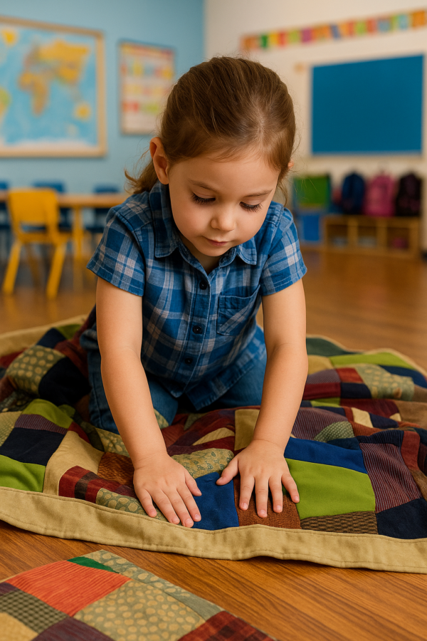 Young Girl Examines Colorful Sensory Quilt Young Girl Examines Colorful Sensory Quilt
