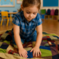 Young Girl Examines Colorful Sensory Quilt
