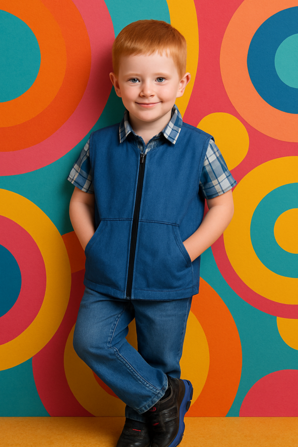 boy wearing blue vest in colorful pattern boy wearing blue vest in colorful pattern