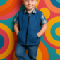 boy wearing blue vest in colorful pattern