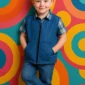 Child wearing blue weighted vest in school hallway