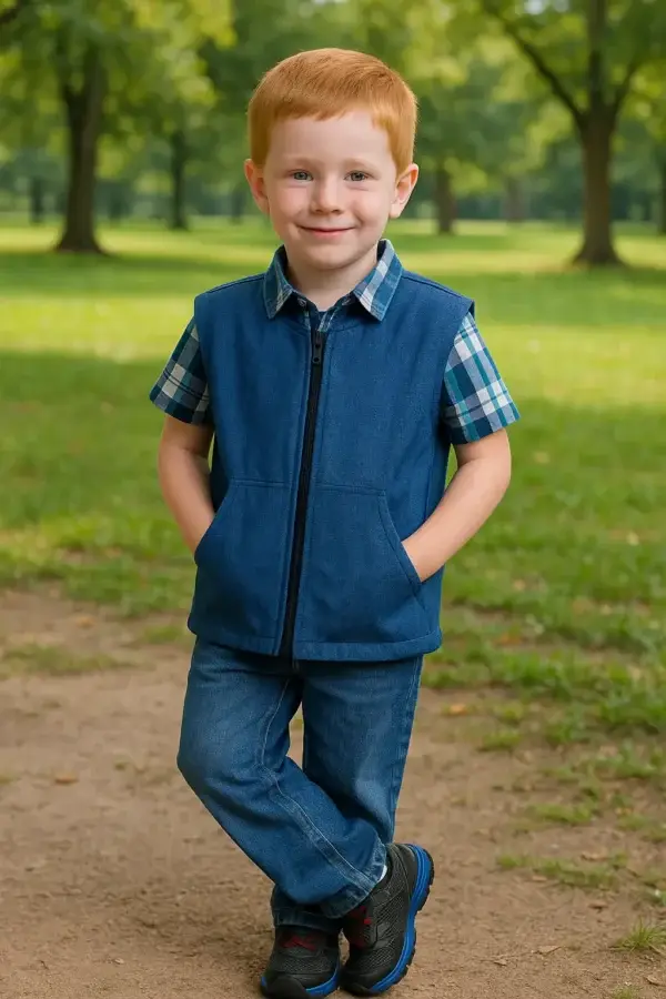 Blue Children’s Weighted Sensory Vest Child wearing a blue weighted sensory vest outdoors in a park.