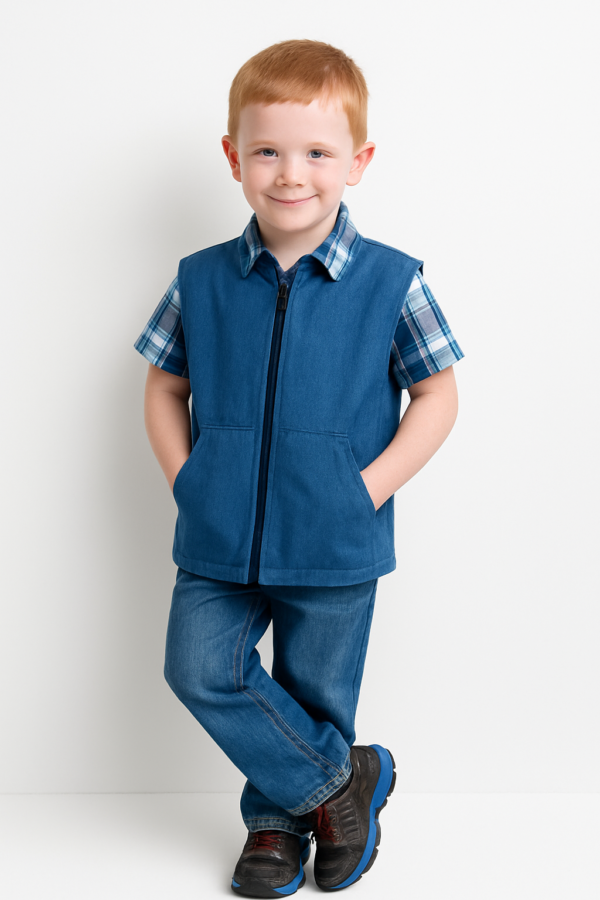 boy wearing blue vest in white studio room boy wearing blue vest in white studio room