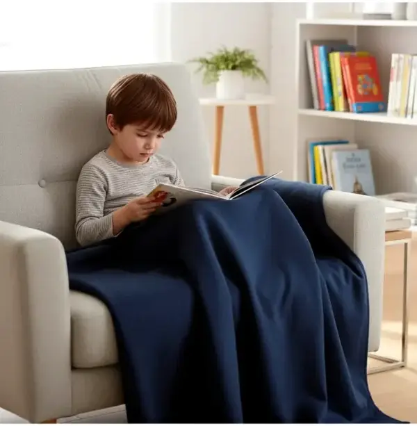 Child Reading with Navy Weighted Blanket Child reading in a chair while using a navy weighted blanket.