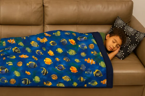 Blue Sea Life Weighted Blanket for Children Child resting on a couch under a blue sea life weighted blanket.