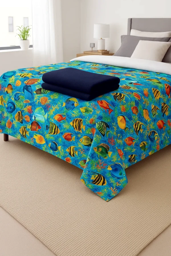 Ocean Fish Weighted Blanket with Navy Blanket Ocean fish weighted blanket displayed on a bed with a folded navy blanket.
