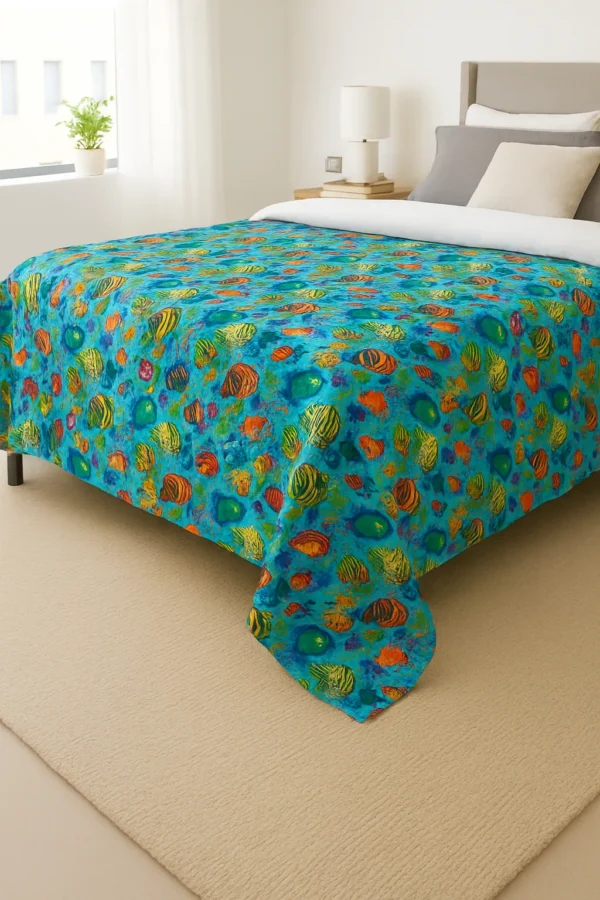 Colorful ocean fish weighted blanket displayed on a bed in a bright bedroom.
