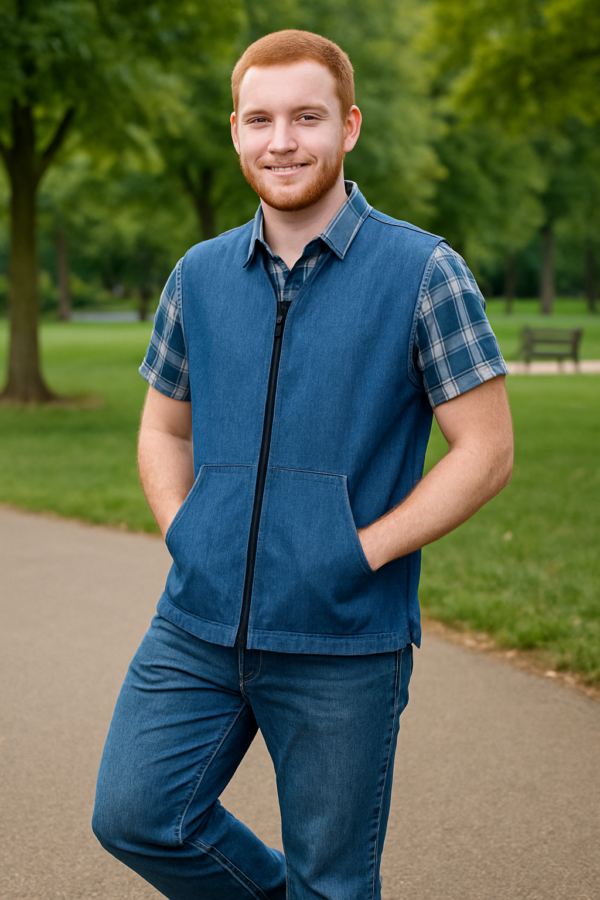 adult wearing blue vest in park Adult wearing a blue denim SensoryCritters weighted vest