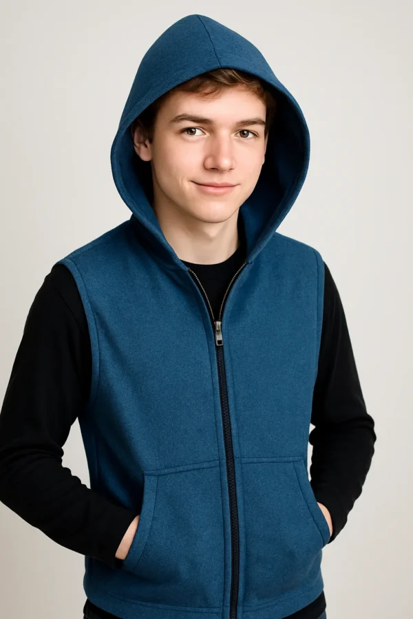 SensoryCraver Adult Weighted Hoodie - Denim Adult wearing SensoryCraver denim weighted hoodie with hood up