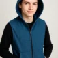 Adult wearing SensoryCraver denim weighted hoodie with hood up