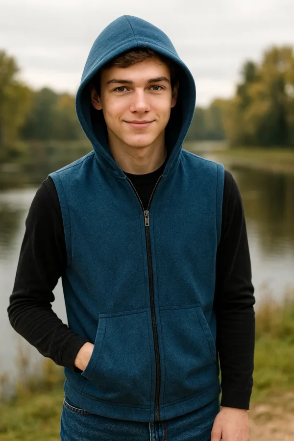 SensoryCraver Adult Weighted Hoodie Outdoors Adult wearing SensoryCraver denim weighted hoodie outdoors